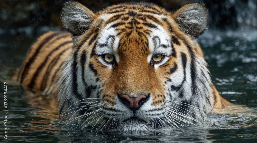 Fototapeta premium A majestic tiger plays in the water its vibrant stripes glistening under the sunlight capturing attention.
