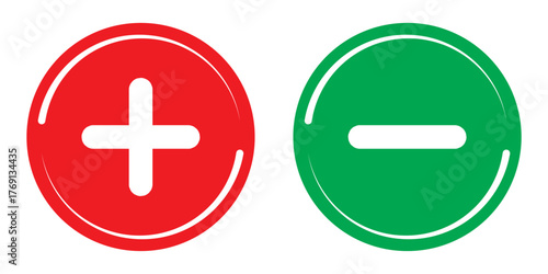 Green plus and Red minus symbols, Positive an negative solid thin line vector signs. Mathematical symbols, add, subtract, right and wrong, pros and cons. Vector Illustration.