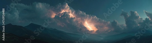 Panorama dark cloud at night with thunder bolt concept. Dramatic clouds illuminate the twilight sky over mountains.