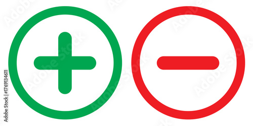 Green plus and Red minus symbols, Positive an negative solid thin line vector signs. Mathematical symbols, add, subtract, right and wrong, pros and cons. Vector Illustration.