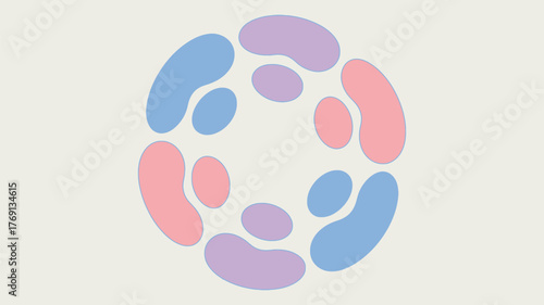 Abstract illustration featuring a circular arrangement of pastel colored organic shapes on a light background