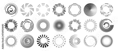 Abstract round patterns set isolated on background. Vector illustration of black circles with dots, lines and waves, rippled sound or radio signal rings, radial vibration effect, epicenter icons