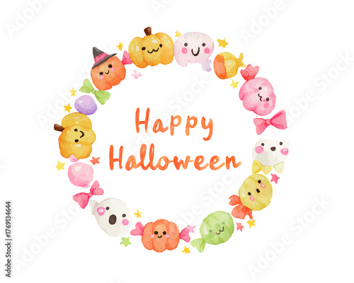 Vetor de moldura redonda com doces e abóboras fofas de Halloween, texto feliz de Halloween