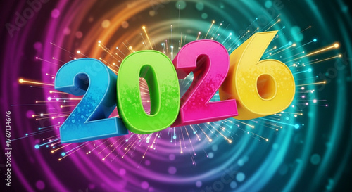 colorful 3d 2026 numbers with rainbow light background and festive sparkle design
