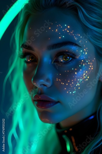 Young woman ethereal gaze with serene mood illuminated by neon green and blue lights representing cosmic beauty against a dark neon background