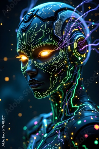 Cyborg with intense mood staring, glowing circuit patterns representing advanced AI against a dark bokeh background