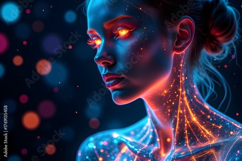Ethereal woman with fiery gaze representing cosmic energy against neon bokeh background