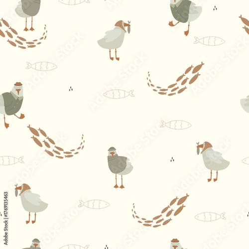 Seamless pattern with hand drawn cartoon seagull and fishes on white background. Vecor illustration.