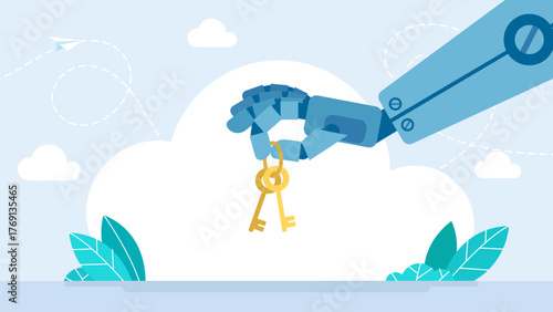 Humanoid robot hand with key, artificial intelligence, assistant, data security, protection. Smart robotic hand holding metal key with keychain loop for unlock. Power of AI. Vector illustration. 