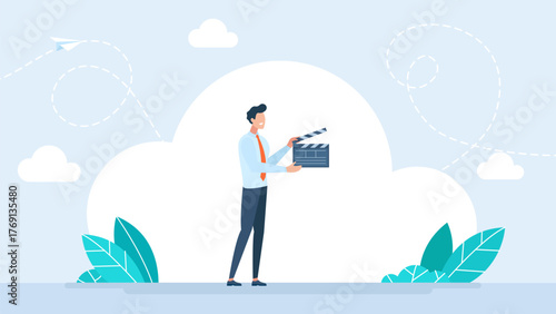 A young man smiling while holding a film clapperboard. Camera crew: young assistant holding a clapperboard. Man holding camera slate for the filming. Vector illustration