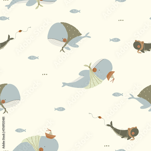 Seamless pattern with cute whales and fishes, kids pattern. Vector illustraion with sea animals.