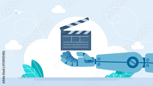Robot hand holding black clapper board. AI video creation concept. A robot working on video editing clapperboard. Clapperboard with AI video technology for movie and media app. Vector illustration