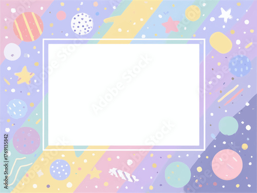 Fundo pastel com estrelas, planetas e confetes, ideal para convites e decorações infantis.