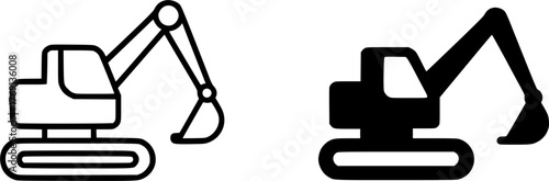 Minimalist icon, excavator vector, black and white, outline and silhouette