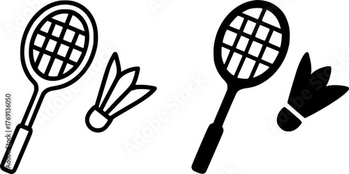 Minimalist icon, vector badminton racket and ball, black and white, outline and silhouette