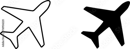 Minimalist icon, airplane vector, black and white, outline and silhouette