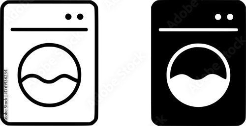 Minimalist icon, washing machine vector, black and white, outline and silhouette