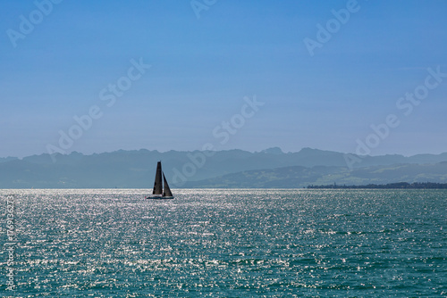 Segelboot auf dem Bodensee im Gegenlicht