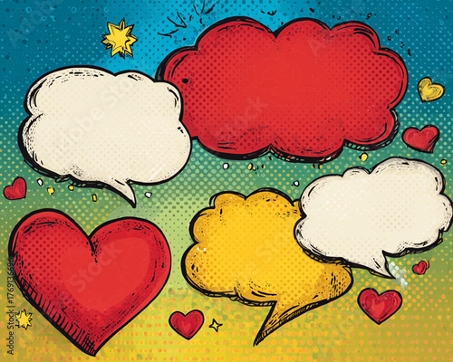 Balões de fala coloridos no estilo pop art com corações e estrelas, fundo vibrante
