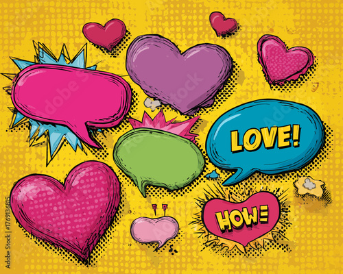 Balões de fala vibrantes com corações em estilo pop art e a palavra 'LOVE' em um fundo texturizado.