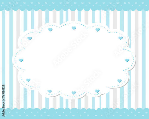 Fundo de vetor com listras azuis e brancas e um espaço para texto em formato de nuvem com corações.