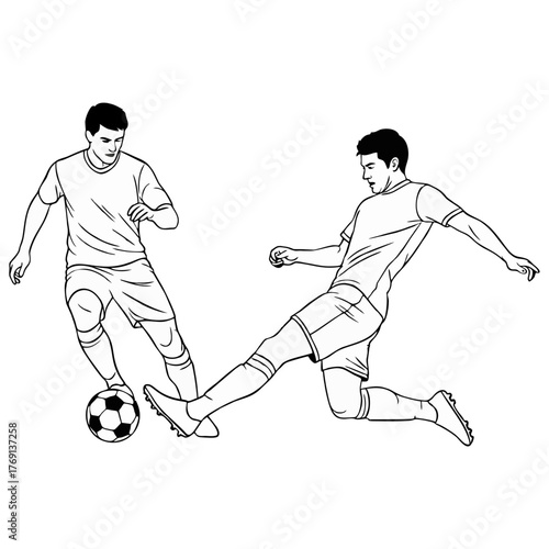 Dynamic soccer game action with two players battling for the ball in line art
