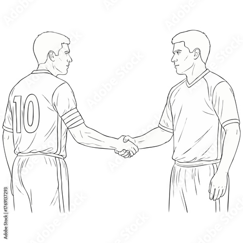 Line art of two soccer players shaking hands after a match, showing respect and sportsmanship