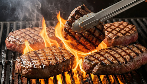 Juicy steaks grilling over flames meat barbecue