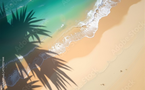 Papier peint abstract sand beach with palm leaf shadow and blue water wave from above, summer vacation outdoors in tropical paradise nature, background with space