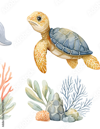 Tartaruga marinha e recifes de coral pintados em aquarela, ilustração vetorial de vida marinha subaquática