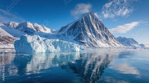 Wallpaper Mural Icebergs rise from tranquil waters surrounded by snow capped mountains under a bright blue sky. Torontodigital.ca