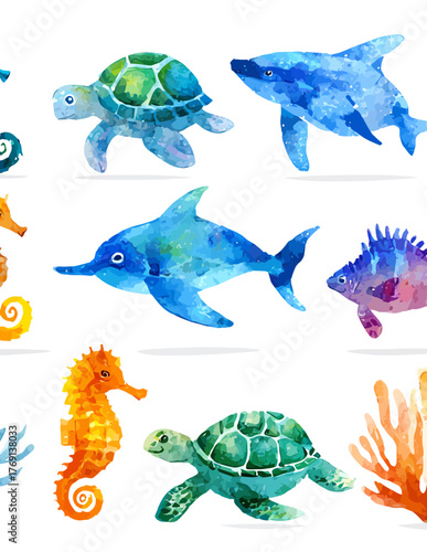 Ilustrações em aquarela de animais marinhos coloridos, incluindo cavalos-marinhos, tartarugas, golfinhos e tubarões.