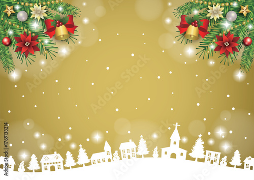 クリスマス背景、町並みシルエット、金、かわいい、イラスト、横