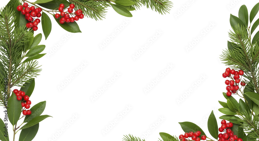 Fototapeta premium Winter holiday frame with red berries and pine needles on a transparent background, PNG image