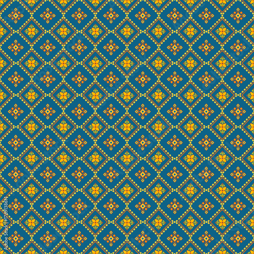 A floral geometric seamless pattern with diamond shapes and decorative elements in gold, orange, and teal tones. The intricate balance between floral and geometric motifs makes it ideal for fabric.