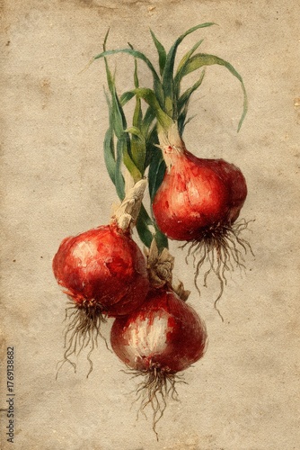 Red Onions Watercolor Illustration – Rustic Botanical Painting of Fresh Onions with Roots and Green Stems on Vintage Beige Paper Background