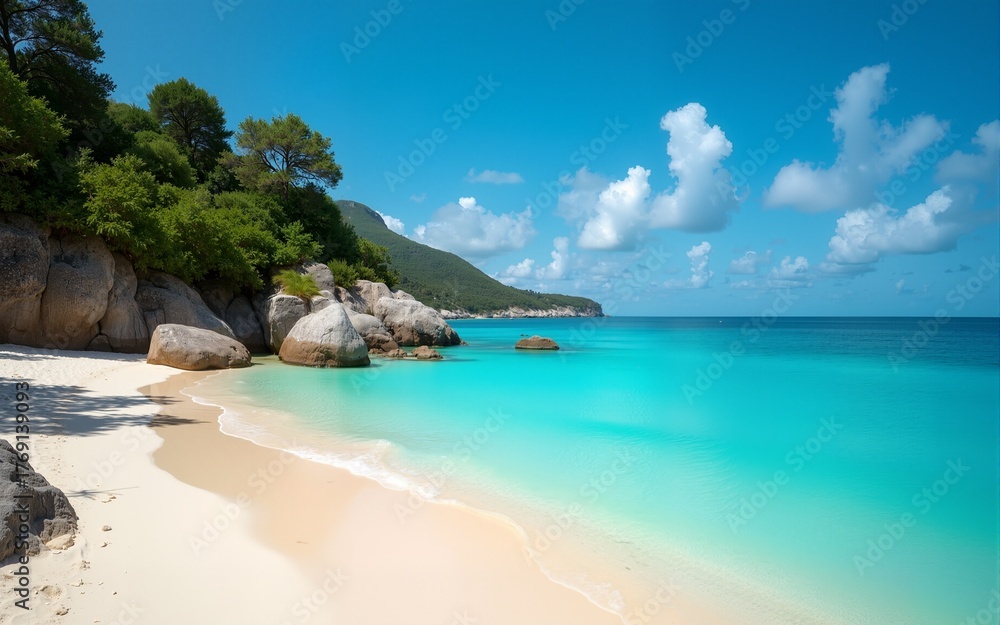 Fototapeta premium Secluded cove beach, turquoise water, summer vacation. High quality