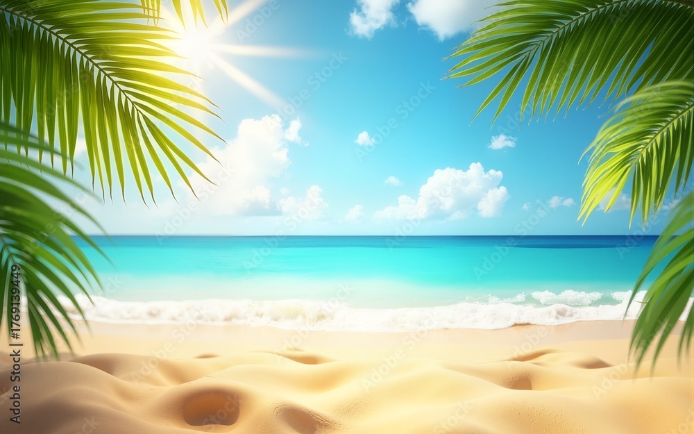 Obraz premium Summer background with frame, nature of tropical golden beach with rays of sun light and leaf palm. Golden sand beach close-up, sea water, blue sky, white clouds. Copy space, summer vacation concept.