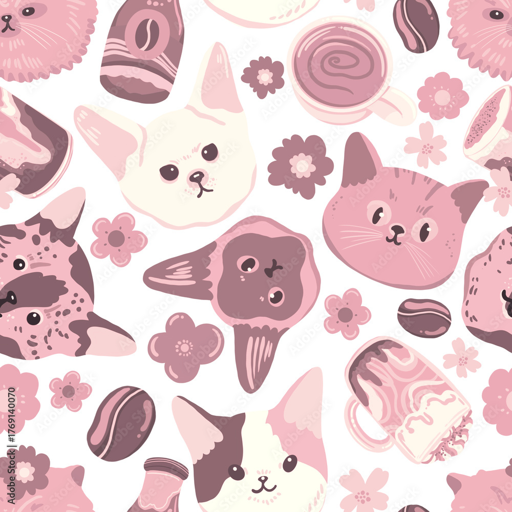 Fototapeta premium Cute Cat Floral Seamless Pattern – Adorable Cats and Brown Flowers Digital Paper, Cozy Neutral Cat Pattern PNG