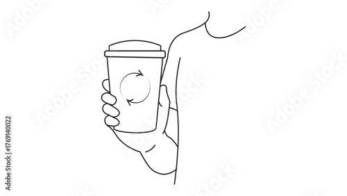 Person Holding Reusable Coffee Cup with Recycling Symbol