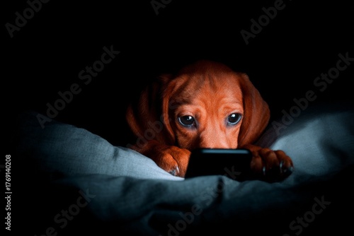 Nighttime fright: puppy and smartphone light the way. Unread email stress. The toxic effect of too many emails and instant notifications. Puppy in room. Constant pings stress.