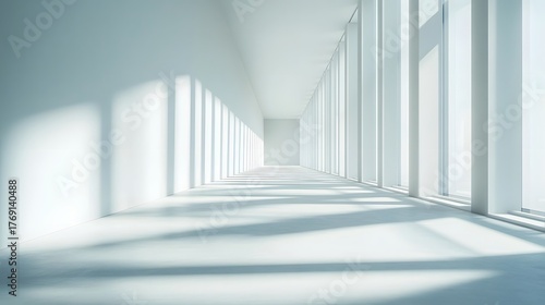 Bright and airy architectural hallway featuring clean lines minimalist glass windows and symmetrical shadows creating a serene and contemporary commercial or office space design
