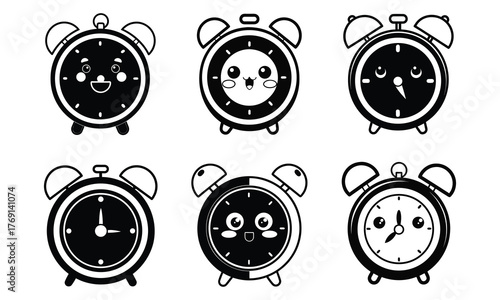 Set of Cute Cartoon Alarm Clocks with Happy Faces Black and White.