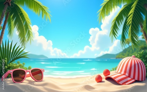 Tropical beach with sunbathing accessories, summer holiday background. High quality