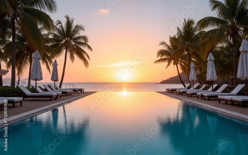 Idyllic sunset beach scene, infinity pool in luxury resort, tropical landscape with palm trees and sun loungers and closed umbrellas. Luxury summer holiday and beach vacation concept. High quality