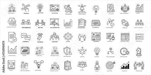 Minimalist Management Line Icons. Thin Linear Vector Illustrations with Editable Stroke Featuring Leadership, Teamwork, Planning, Productivity, Risk Management, Strategy, Growth, and Business Concepts