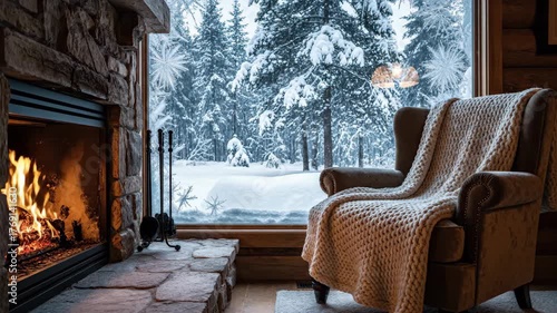 Nestled by the roaring fire, a cozy armchair awaits as snow falls softly outside the large window. The serene mountain landscape enhances the warmth and comfort of this peaceful evening.
