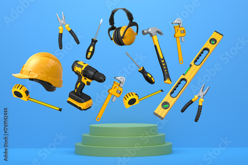 Construction tools and safety equipment floating over podium on abstract background, industrial work and protection concept
