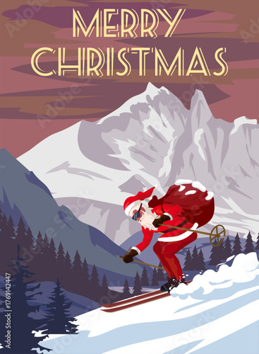 Merry Christmas poster Santa Claus skiing in snow mountains