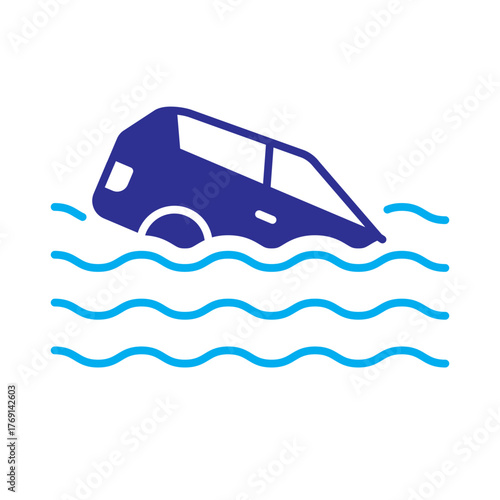Color Icon - Car sinking into water indicating flood or car drowning situation.